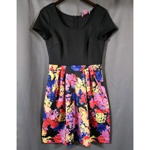 Betsey Johnson Black Floral Mini Dress Womens Size 4 Scuba Shift Pockets